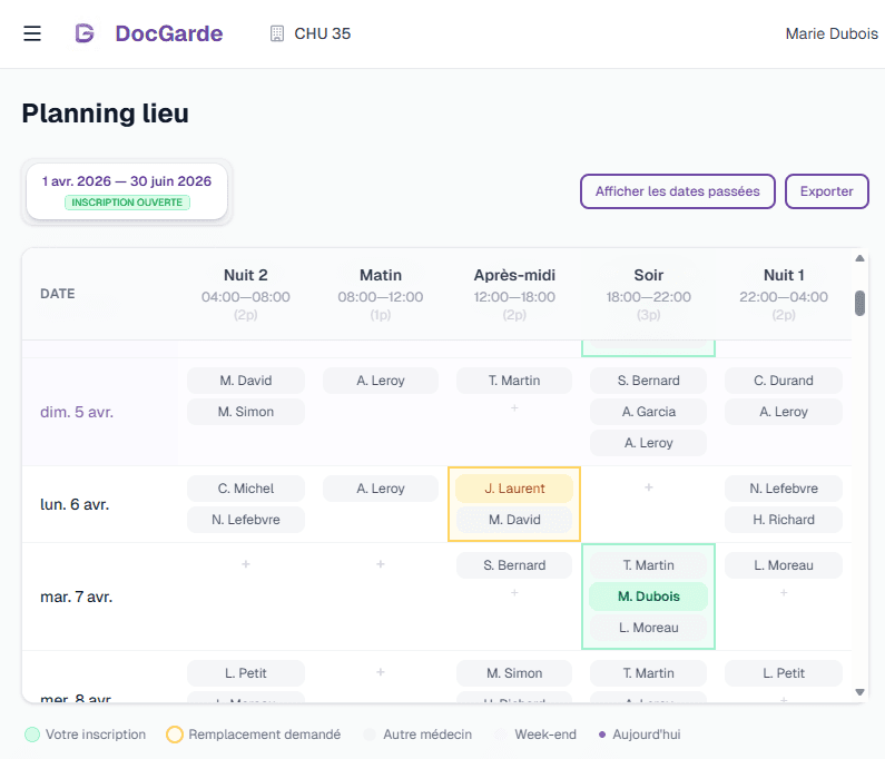 Interface de planning des gardes