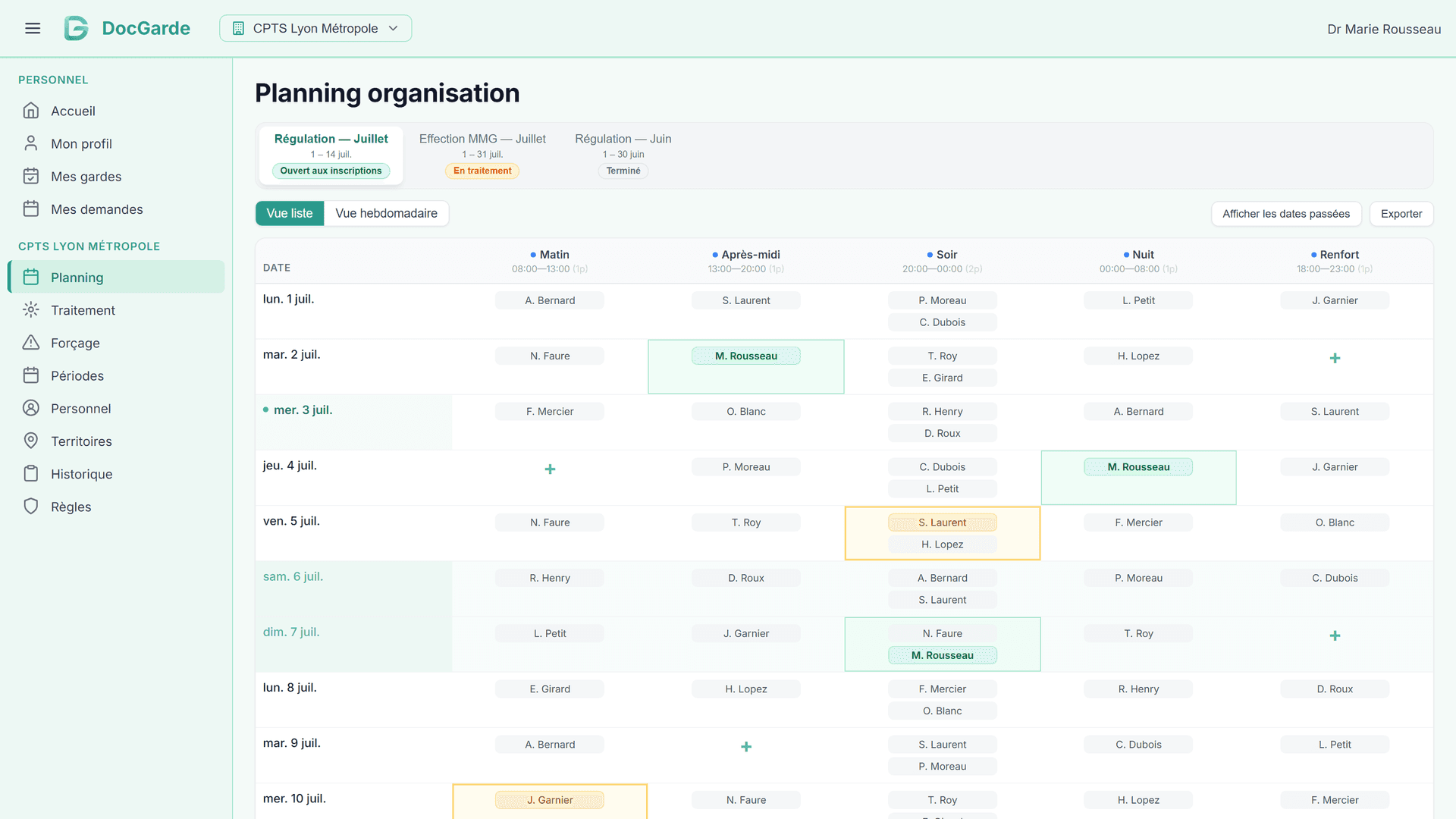 Interface de planning des gardes avec demandes de remplacement
